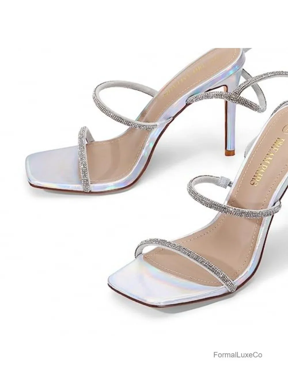 Strappy Gladiator Square Toe Stiletto Heels Rhinestone Cushioned Insole
